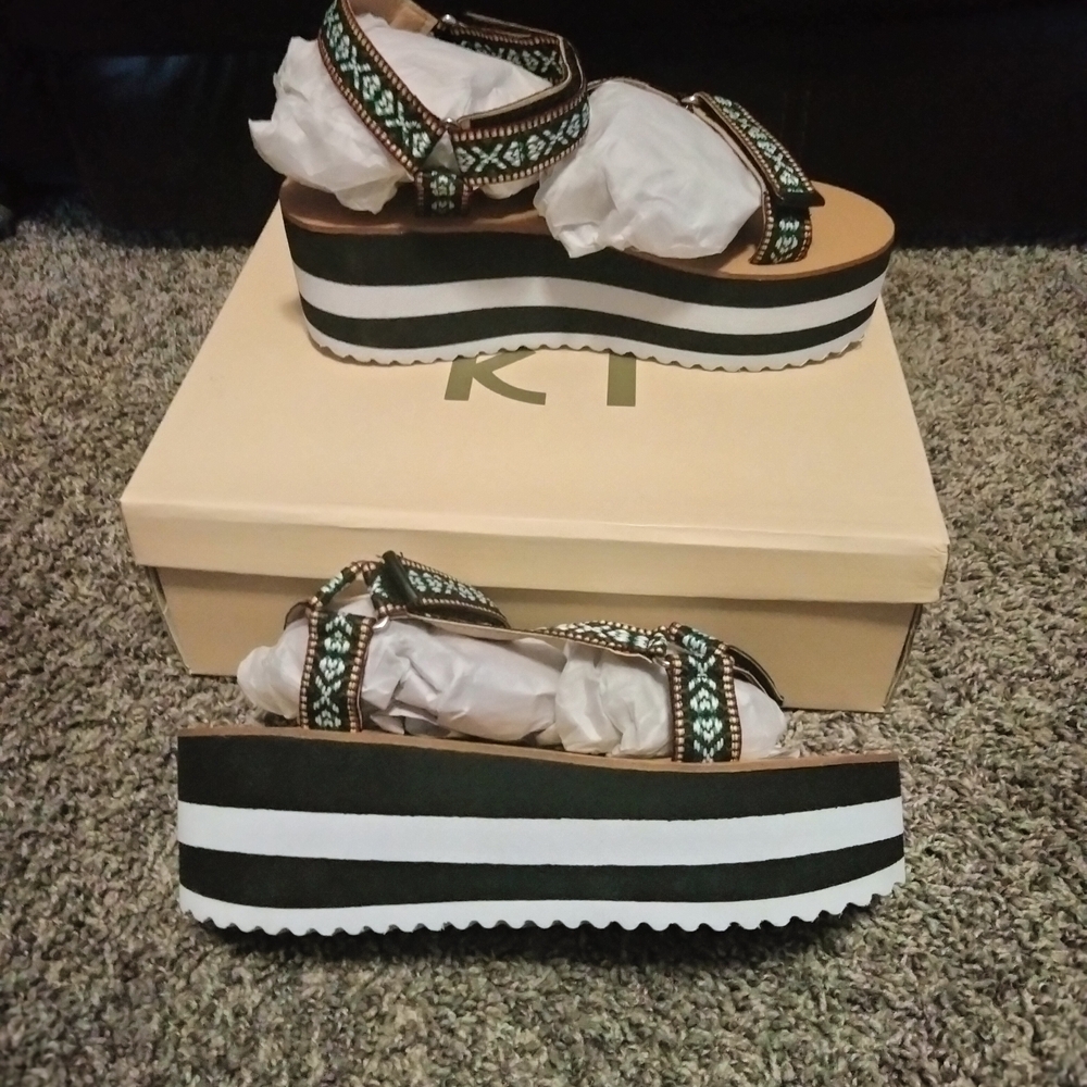 Yoki Black and White Platform Sandals with Studded Straps